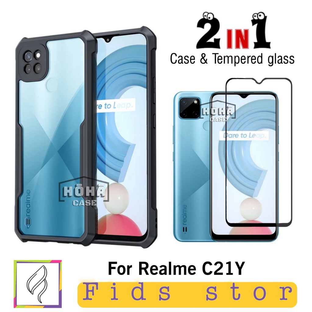 PROMO 2in1 CASE ShockProof Transparan REALME C21Y | REALME C21 Free Tempered Glass Full Cover Black