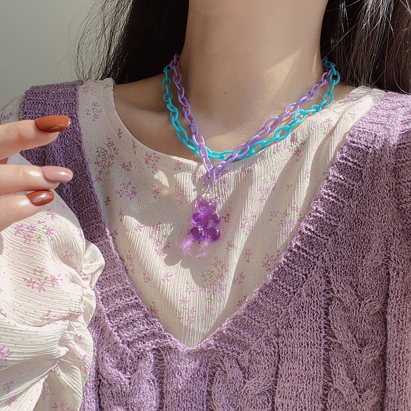 Kalung Rantai Panjang Liontin Beruang Gummy Bahan Akrilik Warna Permen Gaya Hip Hop Untuk Wanita