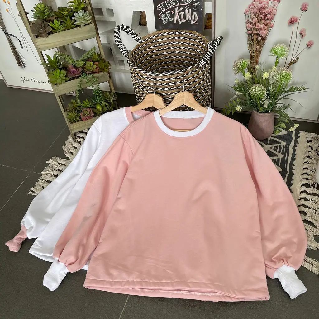 Volc Sweater Wanita Korean Style Sweatshirt Polos Warna Pastel Bahan Fleece