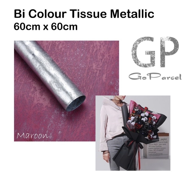 ( 3 Lembar ) TISSUE BICOLOR SILVER METALLIC CARANG - FLOWER WRAPPING TISU SERAT DOUBLE COLOR