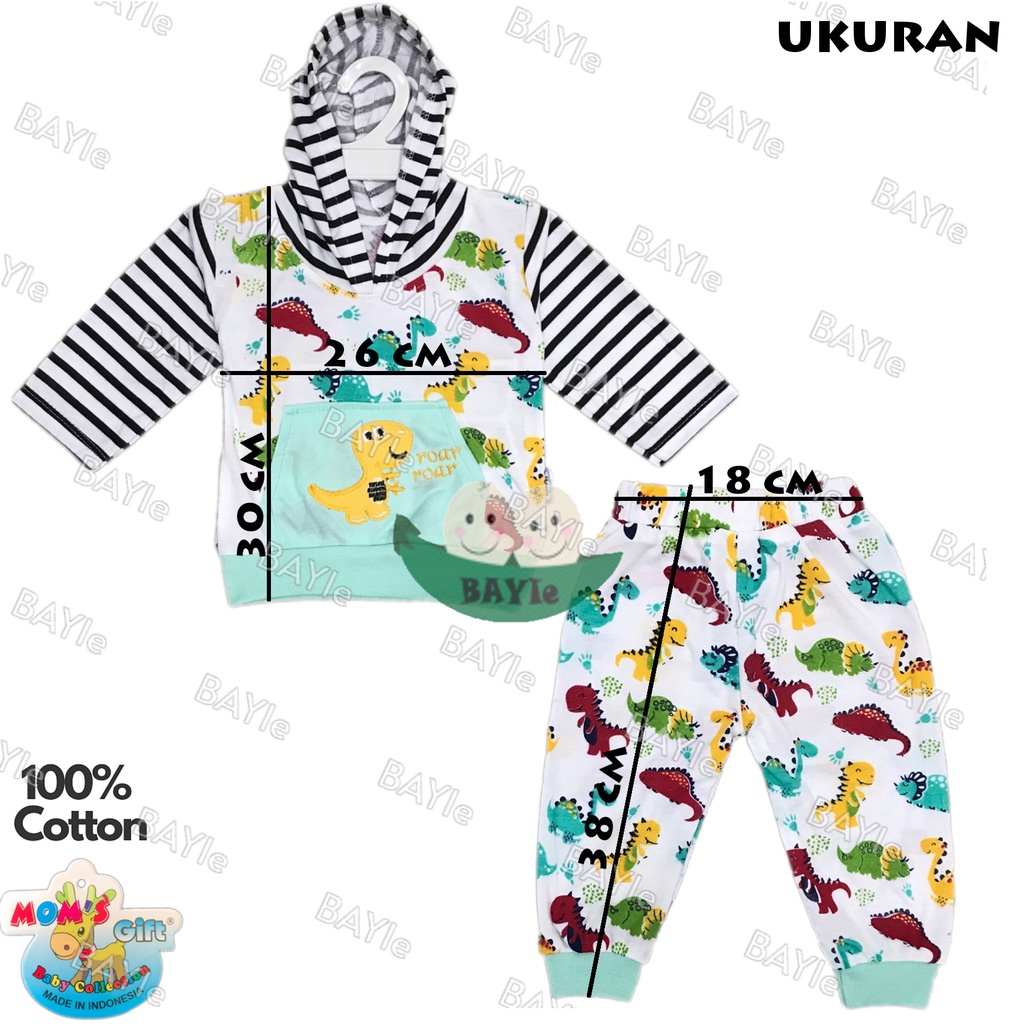 BAYIe - Setelan Kaos Oblong Bayi / Anak Lengan PANJANG+Hoodie Motif SALUR DINO SPT 1067 MOM'S GIFT umur 0 - 12 bulan