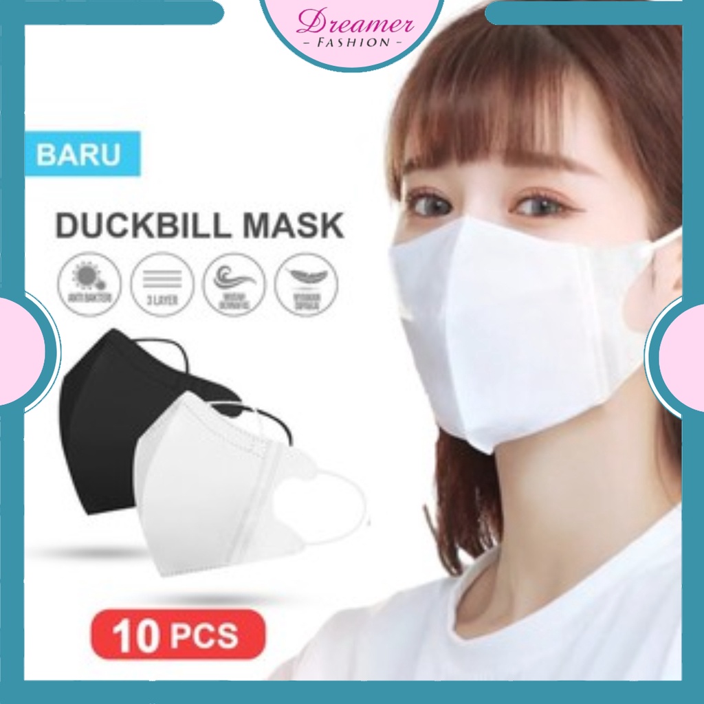 DF VZ039 Masker Duckbill Hitam 3Ply 10Pcs Mask Earloop 3D Putih Protective Mask Duckbill Kemasan Ziplock