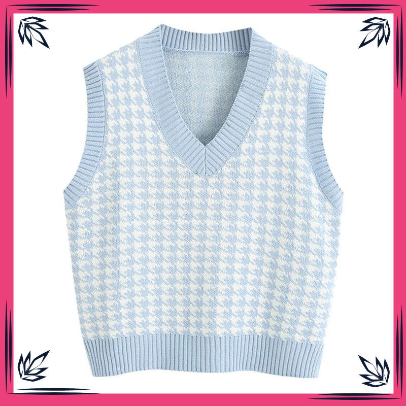 Rompi Wanita Tanpa Lengan KPYTOMOA Women 2020 Fashion Houndstooth Loose Knitted Vest Sweater V