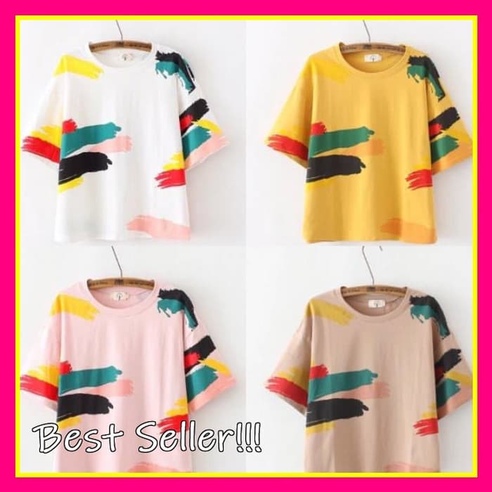 Kaos Unik Paint Shirt Korea Baju Cewek Wanita Motif Fullprint - Kuning