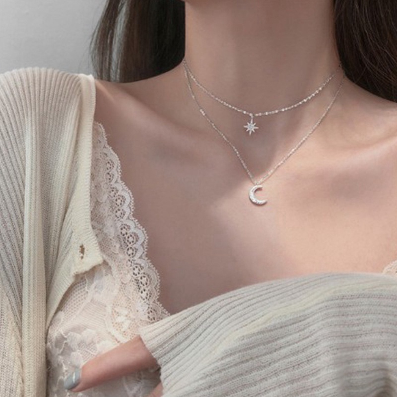 Kalung Choker Multilayer Liontin Bulan Bintang Aksen Kristal Gaya Boho