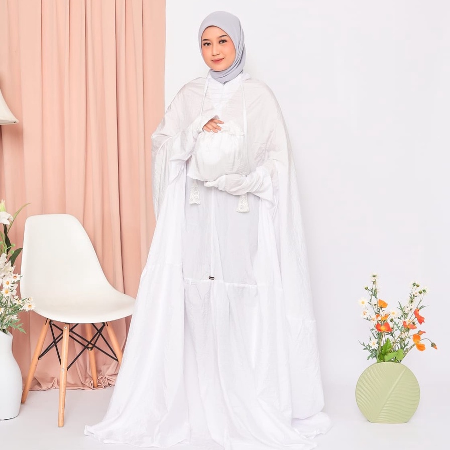Mukena Terusan Premium Putih Abaya Mukenah Lajuran Dewasa Parasut Jumbo