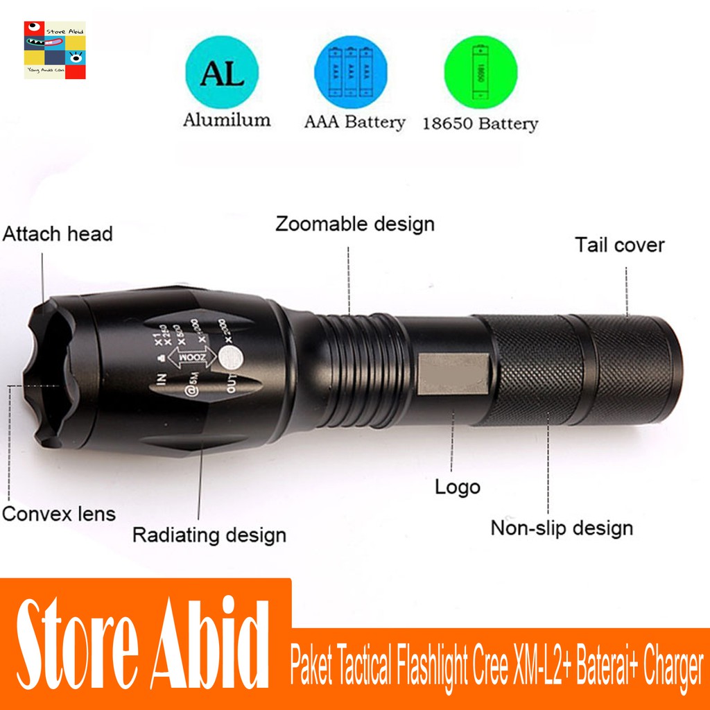 PAKET Senter LED Tactical Flashlight Cree XM-L2 8000 Lumens + Baterai 18650 + Charger - E17