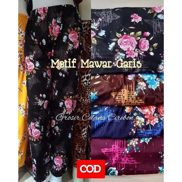 CELANA PANJANG SANTAI WANITA MOTIF MAWAR GARIS