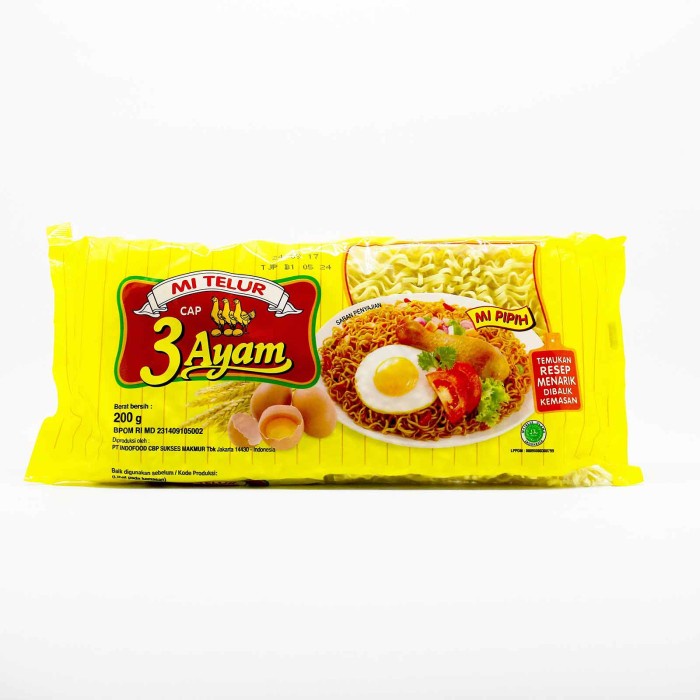 

Mie Telur Cap 3 Ayam Pipih Kuning 200gr barcode 89686000061