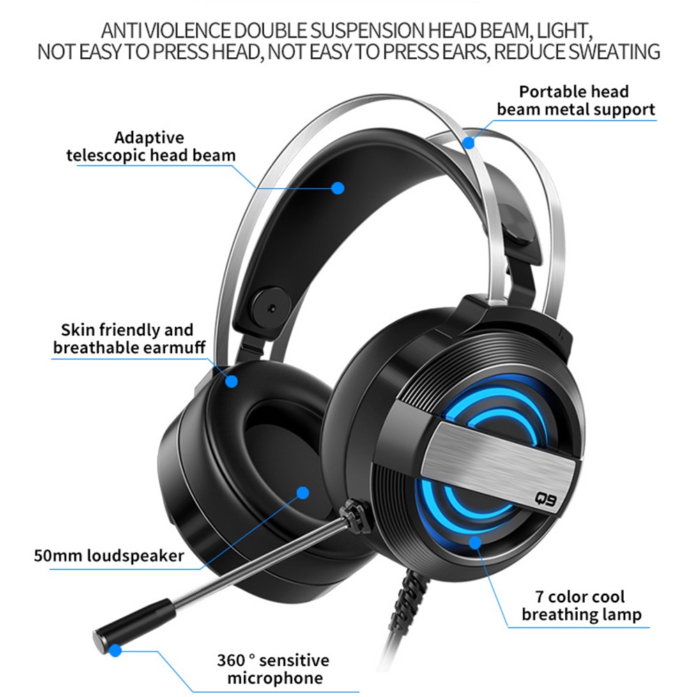 Q9 Headset Gaming Kabel HiFi 7.1 Channel RGB 7 Warna Dengan Mic