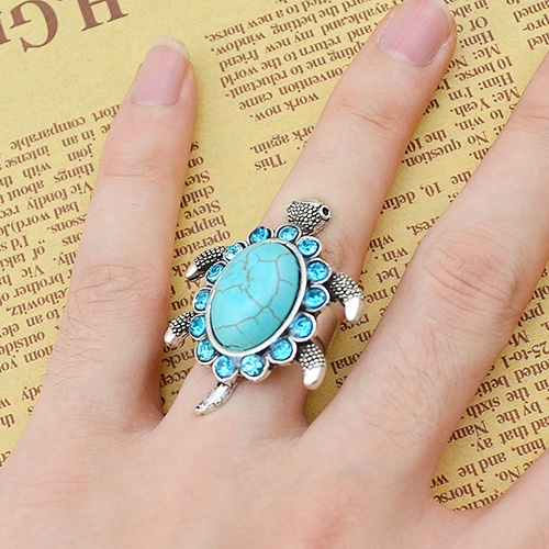 Hu Hu Hu Hu Hu Alat Bantu Pasang Kacamata♡ Cincin Jari Desain Kura-Kura Turquoise Biru Aksen Berlian Imitasi Untuk Wanita