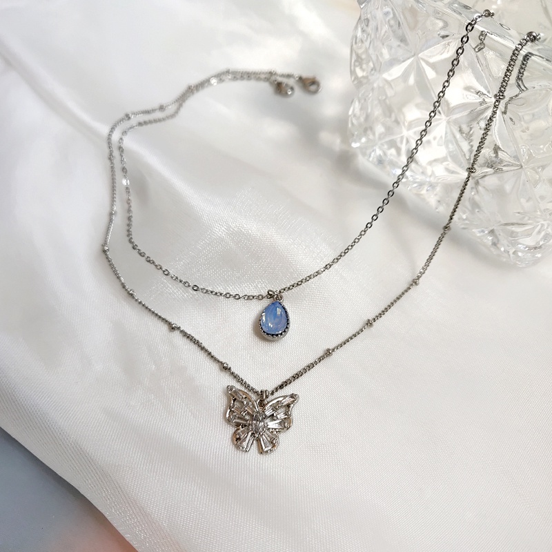 Butterfly Kalung Multilayer Liontin Kupu-Kupu Berlian Biru Gaya Korea Untuk Aksesoris