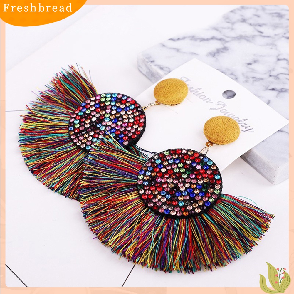 Terlaris Bohemia Women Fan Shape Tassel Rhinestone Inlaid Ear Stud Earrings Jewelry Gift