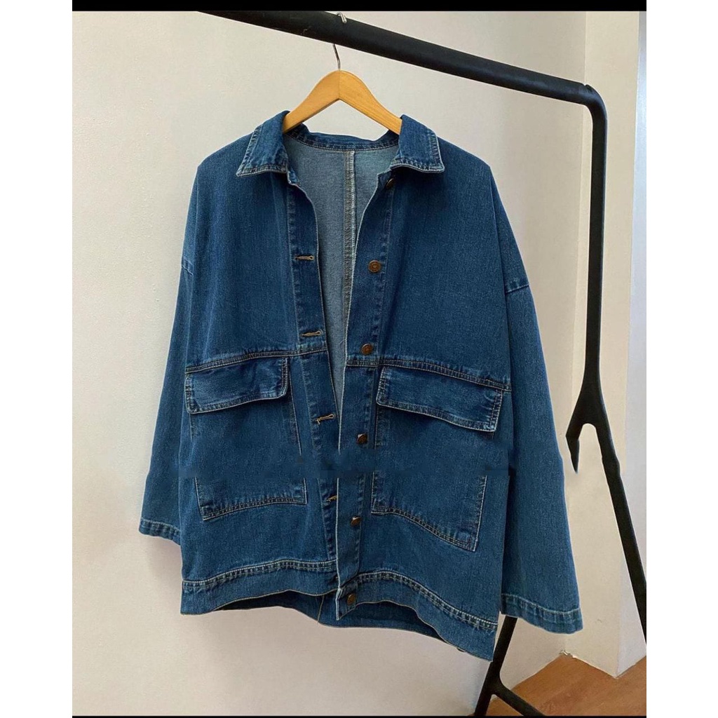 Jaket Jeans Oversize LD 110 - 150 // Jaket Jumbo Saku Wanita Sandwash Denim Premium-SHAKA NAVY LD120