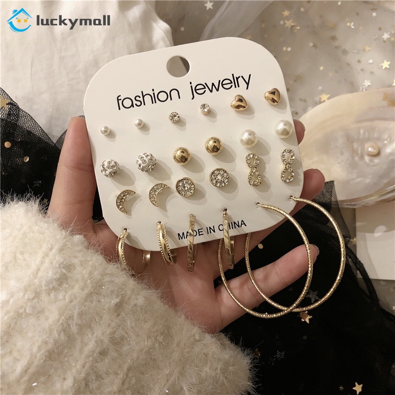 24Pcs/set Ins Style Crystal Pearl Earring Set  Korean Fashion Stud Earrings Women Jewelry Accessories