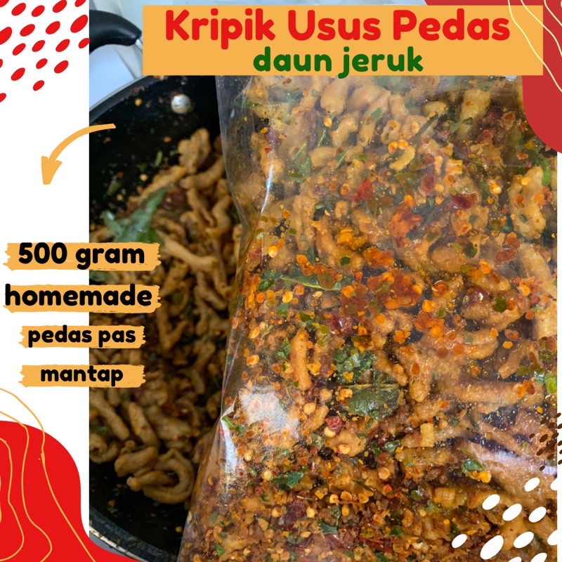 

KRIPIK USUS PEDAS DAUN JERUK 500 GRAM KERIPIK USUS CRISPY CIKRUH AUFARO SNACK