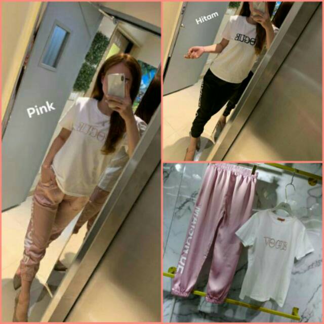Stelan one set baju kaos vogue celana training jogger katun casual santai fashion wanita murah