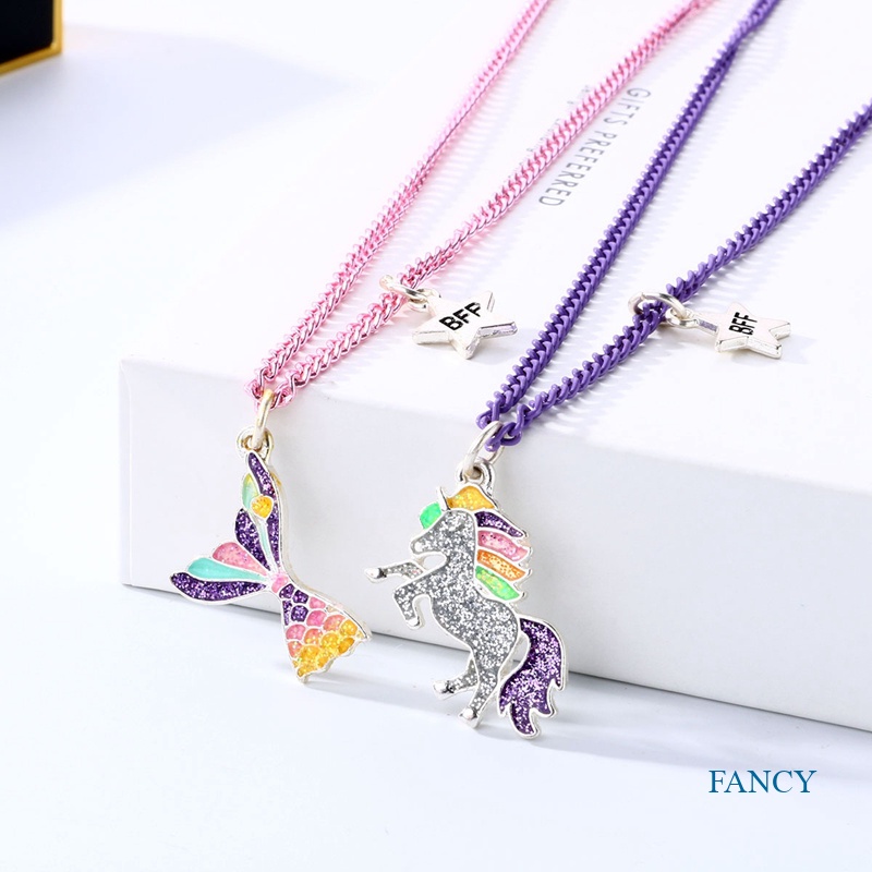 2pcs / Set Kalung Rantai Liontin Unicorn Mermaid Untuk Sahabat