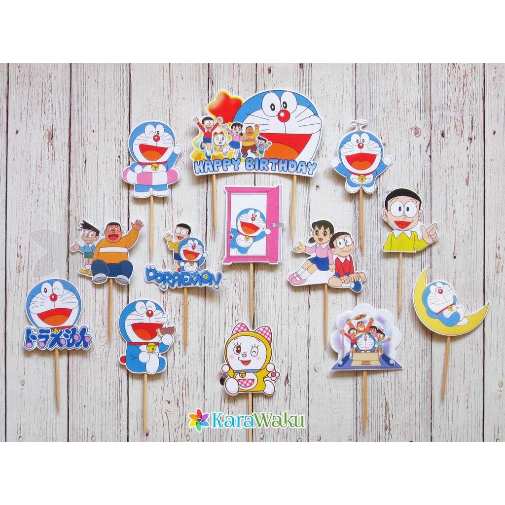 

Doraemon Cake Topper / Hiasan Tusukan Kue Cupcake Puding Ultah Nobita Shizuka Suneo Giant (1 set)