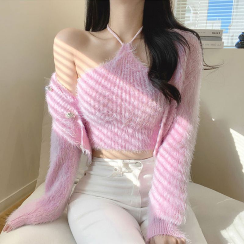 【Premium】Korean Thick Crop Fury Set 2in1 (Cardigan & Mini Halter Neck Tank top) y2k shein setelan ra