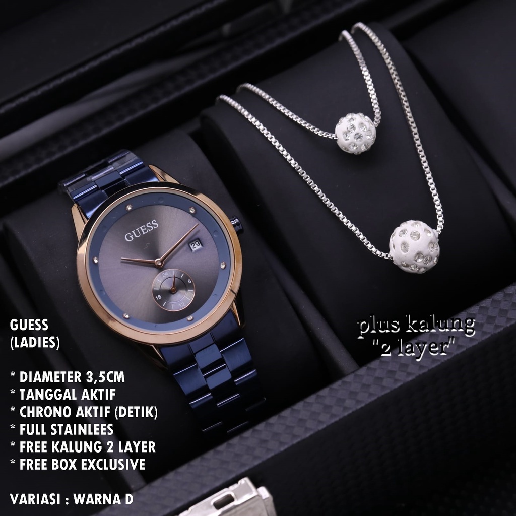 (BISA COD) JAM TANGAN WANITA GUESS RANTAI BODY BULAT TANGGAL &amp; CHRONO AKTIF FREE KALUNG