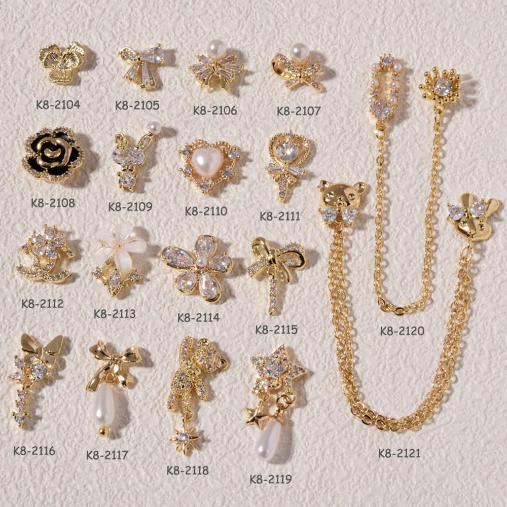 Agustina Kupu-Kupu Kuku Rhinestones Pesona Zirkon Bunga Mewah Nail Art Perhiasan Rantai Liontin Manicure Aksesoris