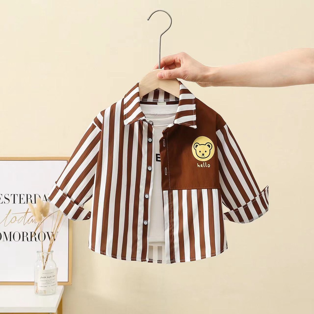 HappyOliver ATASAN HELLO TEDDY EBV Kemeja Bayi anak Laki-laki import Lengan panjang Berkualitas