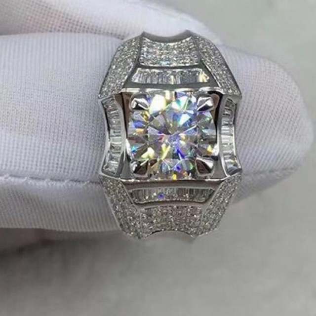 Cincin Pria Berlian Cubic Zirconia Mewah BlingBling Kantoran Ring Perak Campuran