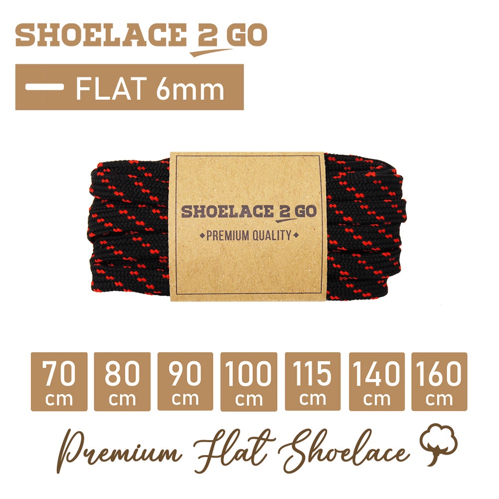 SHOELACE 2 GO PREMIUM TALI SEPATU MOTIF GEPENG PIPIH FLAT N1 BLACK WITH RED STRIPES - 70CM 80CM 90CM 100CM 115CM 140CM 160CM