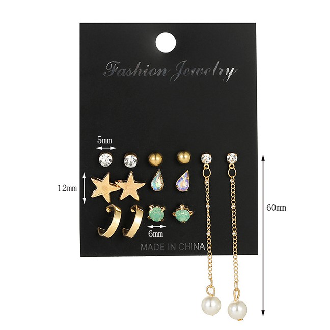 LRC Anting Tusuk Fashion Gold Star-studded Pearl Stud Earrings 7 Pairs D57196