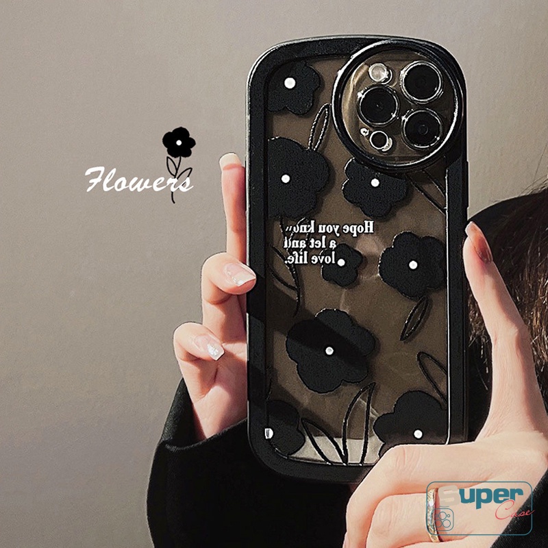 IPHONE Casing Ponsel Mewah Kompatibel Untuk Iphone14 7plus 11xr 8Plus 12 13 Pro MAX 78 Plus 6 6S Plus XS MAX X SE 2020 Glossy Retro Art Black Flower Soft TPU Shockproof Airbag Back Cover