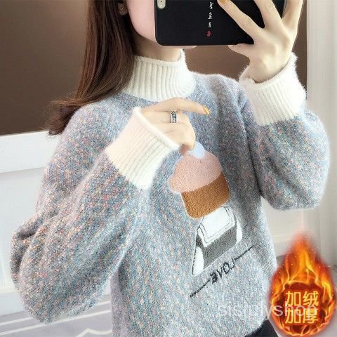#Sisjuly# Baru Wanita Sweater Longgar Pakaian Luar Wanita Turtleneck Musim Gugur dan Musim Dingin Pu