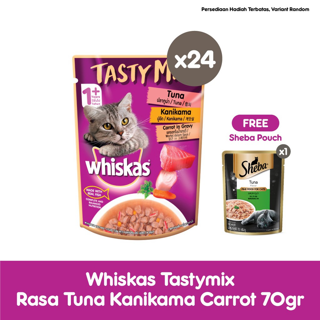 WHISKAS® Tasty Mix Makanan Kucing Basah Pouch 70gr - Isi 24-Tuna Kanikama Carrot