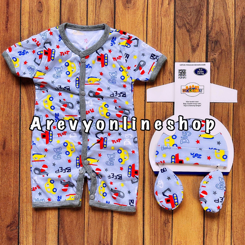 HOKIKU Set 3in1 Romper Baju Bayi Kodok Segiempat Termasuk Sarung Kaki + Topi SNI Lembut