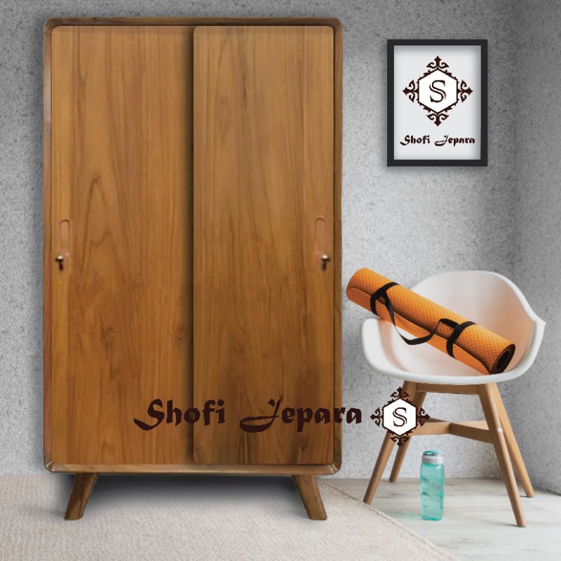 Lemari Pakaian Minimalis Retro 2 Pintu Sleding Kayu Jati