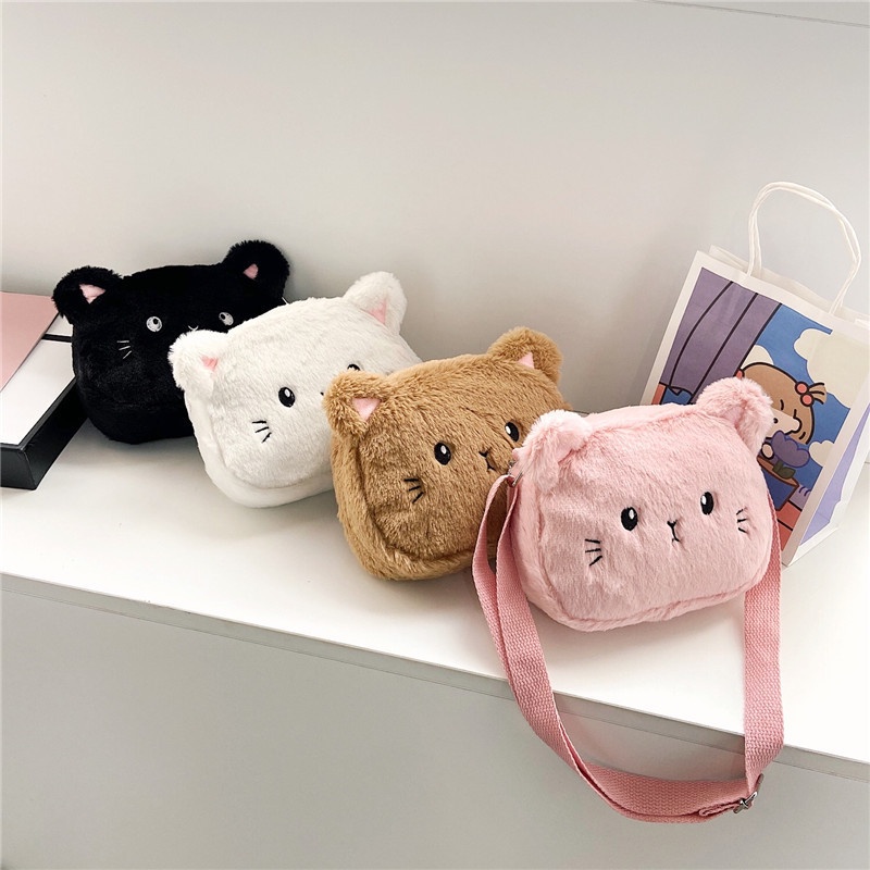 Tas Anak Model Kucing Kelinci Mini Lucu Tas Anak Perempuan Cat Rabbit Animal Cute Harajuku Style Bahan Bulu Bludru Plush Fluffy Fur Sling Bag Wanita Tas Kasual Korean Style Mewah