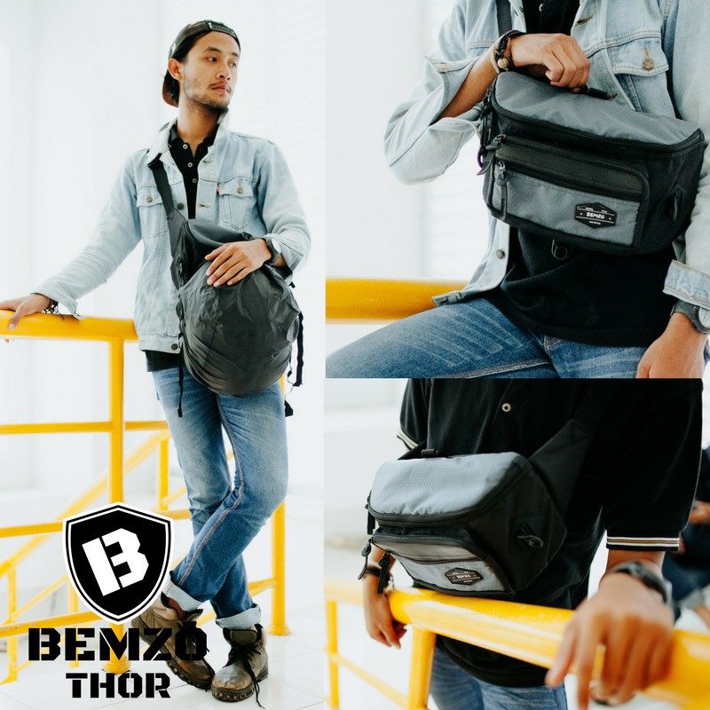 Tas Bahu Pria Kerja Waist Bag Plus Rain Cover Helm Bemzo