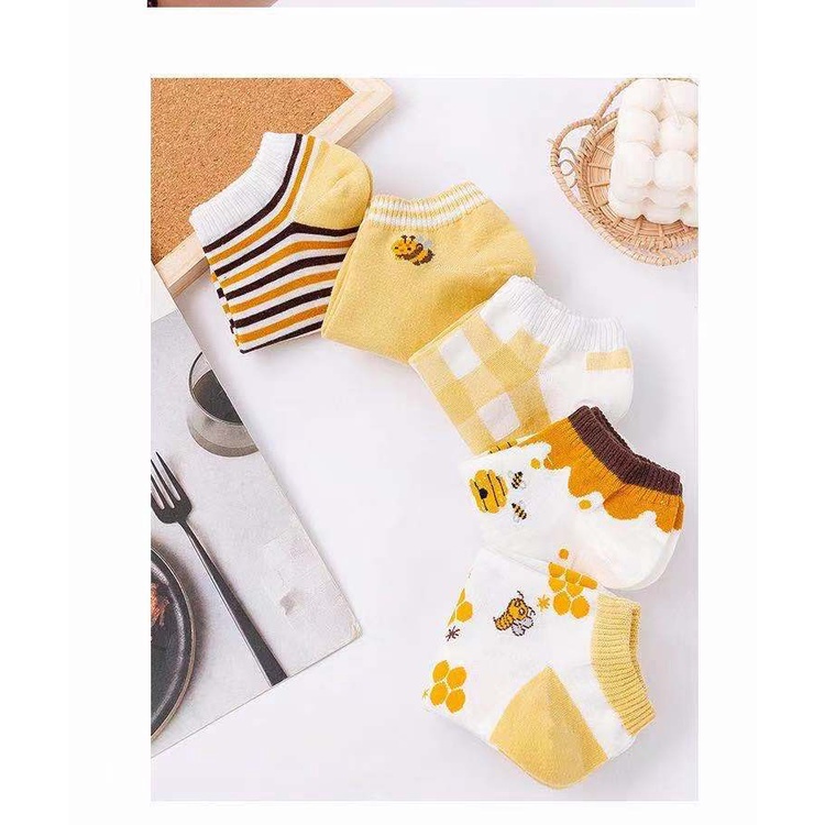 ✅ COD KUMA Kaos Kaki Wanita Motif Bunga Lebah Bee Kuning Fashion Korea Women Sock Import