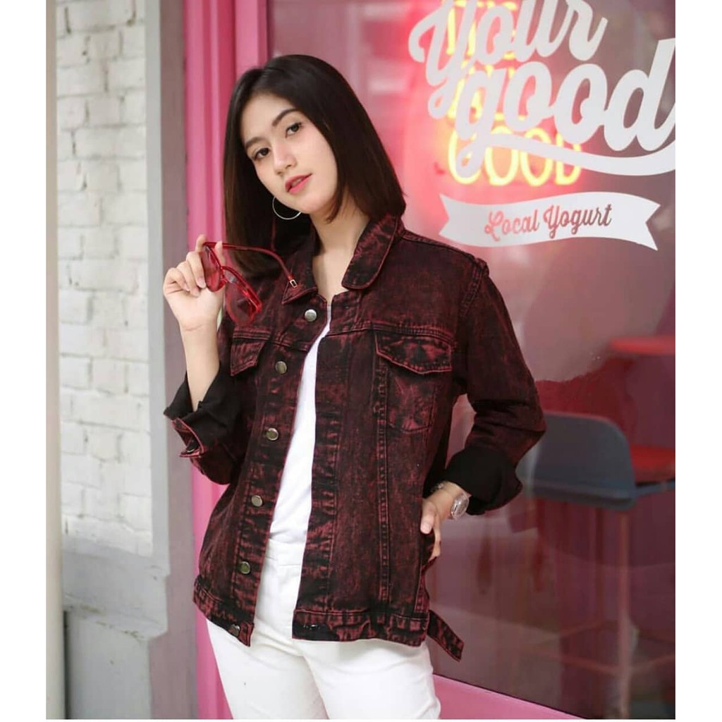 jaket denim maroon
