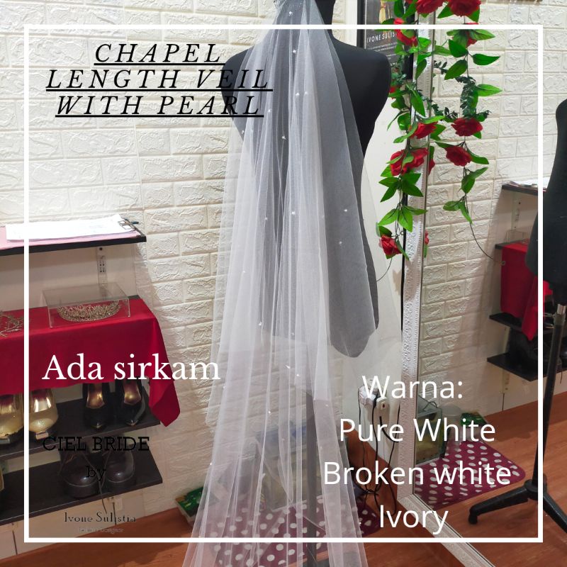 custom made chapel length veil with pearl wedding pengantin ekor dengan taburan mutiara