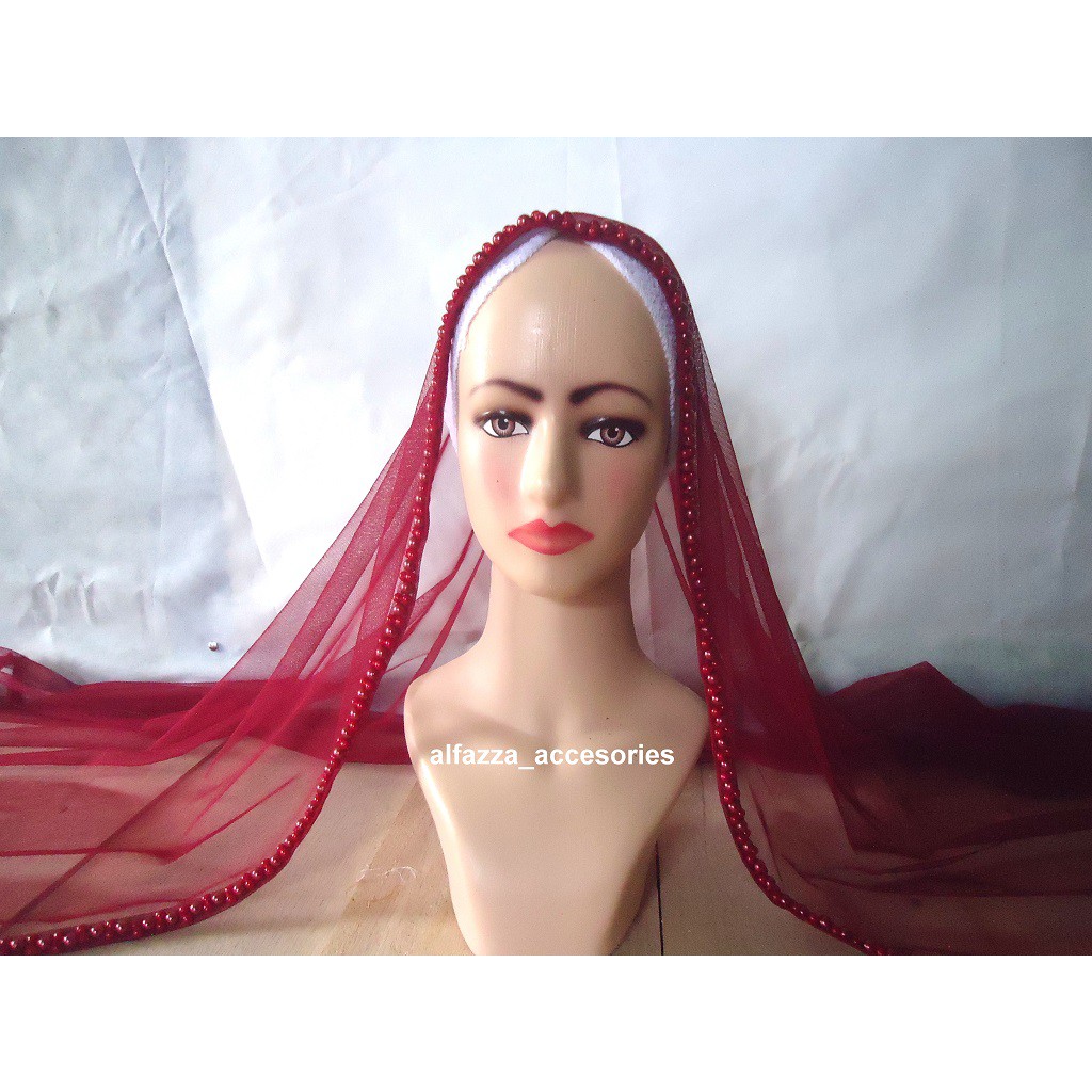 [Model pashmina maroon] KERUDUNG PENGANTIN MUTIARA / SLAYER VEIL PENGANTIN MUTIARA