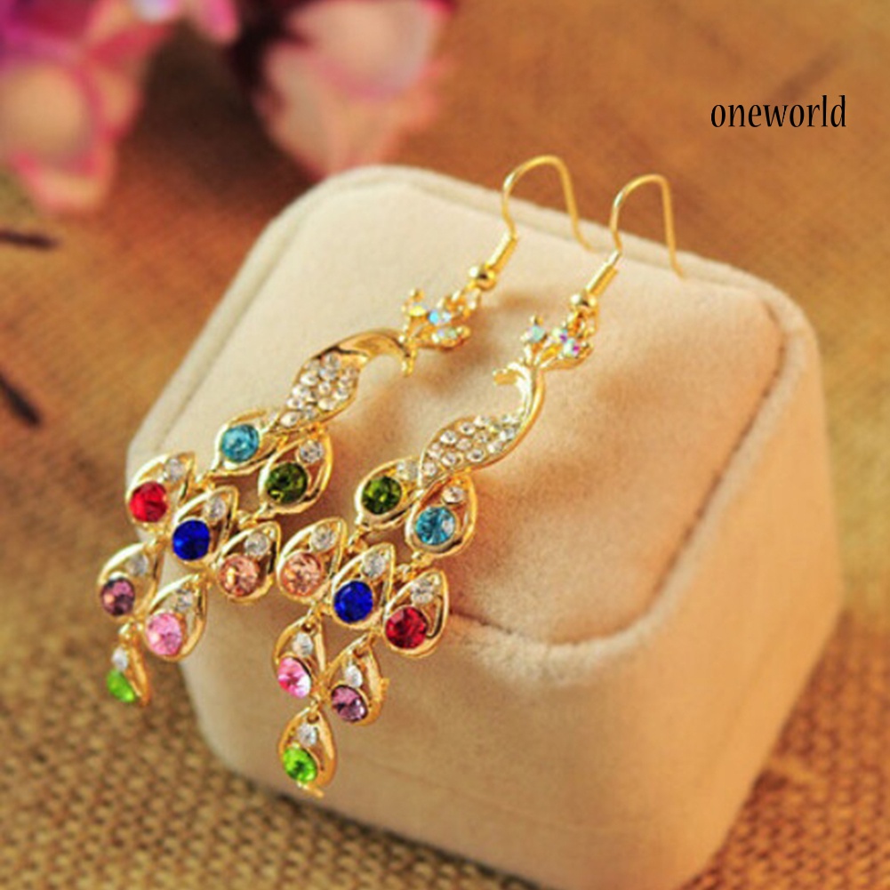 OW@ Women Bohemian Retro Peacock Eardrop Pendant Rhinestone Big Dangle Drop Earrings