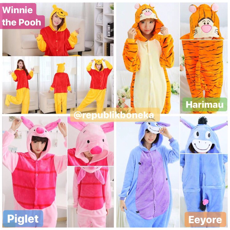 BAJU ONESIE KOSTUM KELINCI KELELAWAR DUMBO ELMO HARIMAU SERIGALA POOH EEYORE OLAF DORAEMON SPIDERMAN OWL