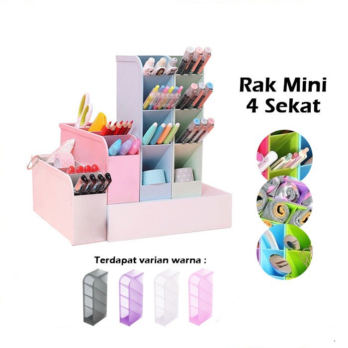 Rak Mini 4 Sekat / Rak Laci Plastik 4 Slot Pulpen Spidol / Desktop Drawer / Rak Mini 4 Sekat / Tempat Penyimpanan ATK Pena Pensil Pulpen Gunting Sendok / Kotak Organizer Tempat Alat Tulis Meja Kerja Belajar Remot AC TV Kipas Brush Make Up Kosmetik Dasi