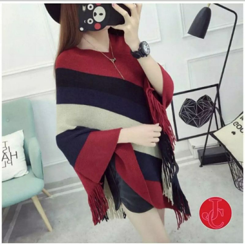 Sweater blouse rajut casual wanita poncho block Atasan wanita