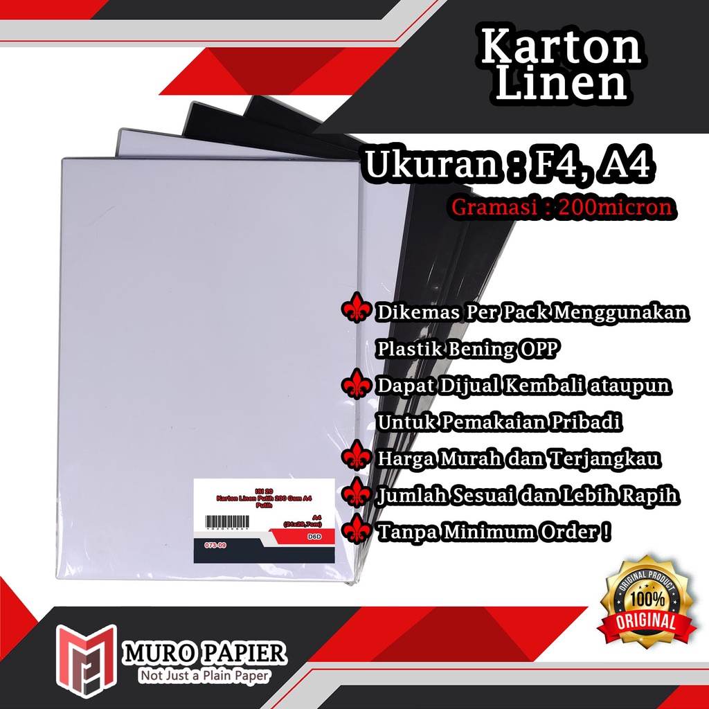 

( PER PAK - ISI 20 ) Karton Linen 200 gsm F4 A4 - by Muro Papier