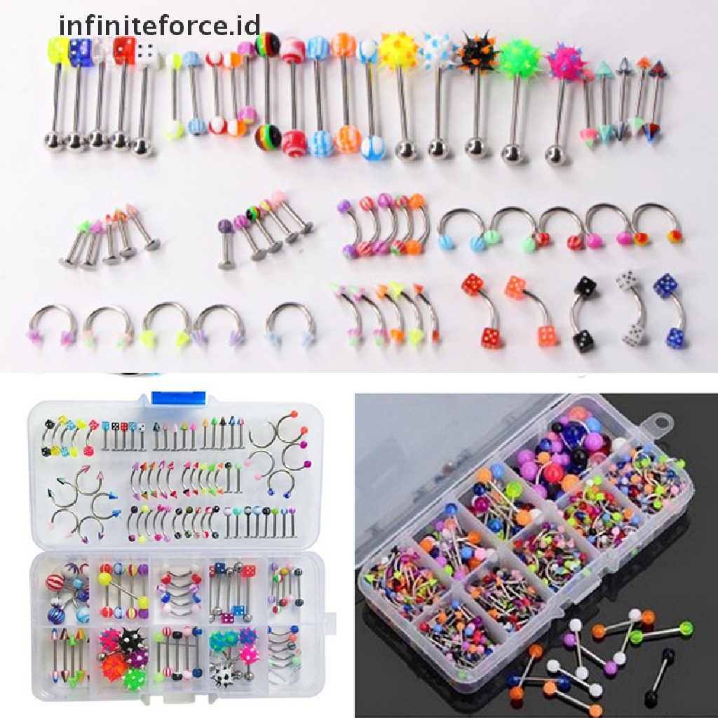 Infiniteforce.id 60pcs / Set Anting Tindik Lidah / Bibir / Tubuh Bentuk Barbel Warna Campur Untuk Wanita