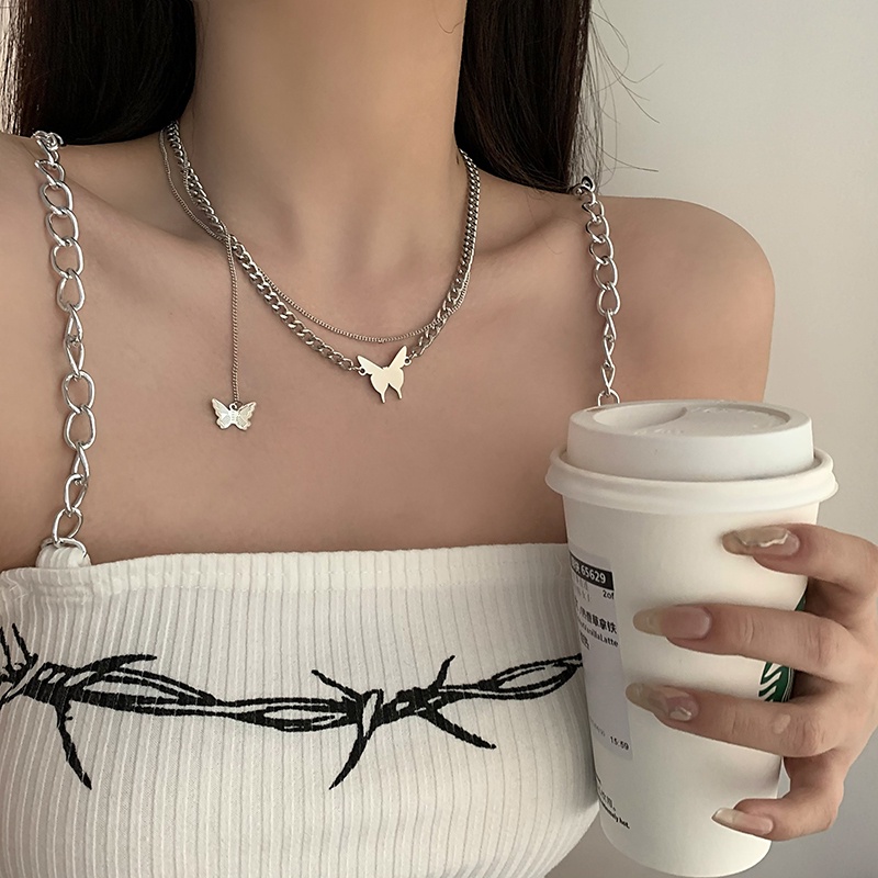 Butterfly Kalung Liontin Kupu-Kupu Double Layer Gaya Hip Hop Untuk Aksesoris