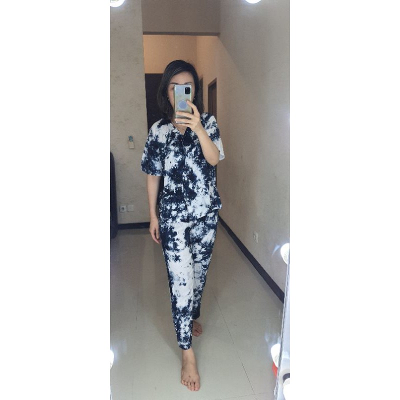 baju suster setelan tidur premium tie dye rayon jangger putih