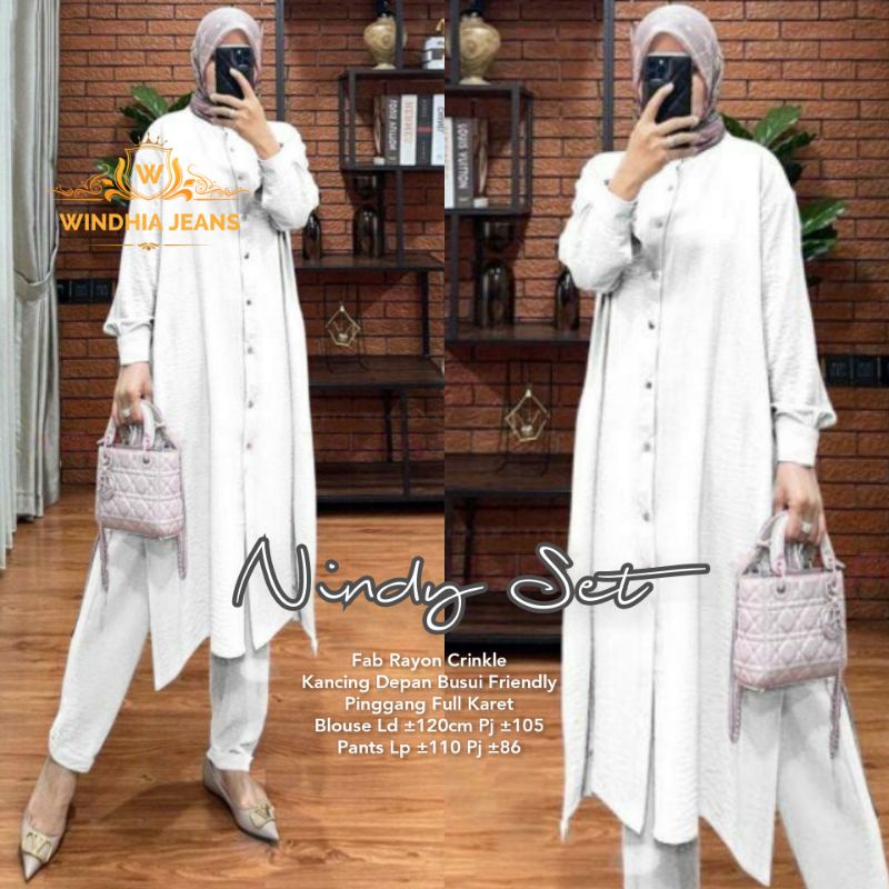 Nindy One Set Setelan Wanita Jumbo Big Size Bahan Rayon Cringkle Premium Baju Busana Fashion Wanita Dress Midi Setelan Wanita-White